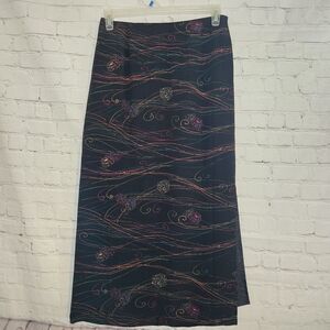 Susan Bristol Black Maxi Skirt with Colorful Swirl Floral Pattern